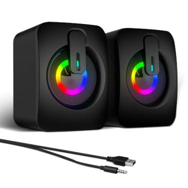 Imagem de MELOGAGA Alto-falantes RGB para computador, alto-falantes de PC alimentados por USB com luz de fundo LED de 7 cores, barra de som compacta auxiliar de 3,5 mm para desktop, laptop, tablet – áudio