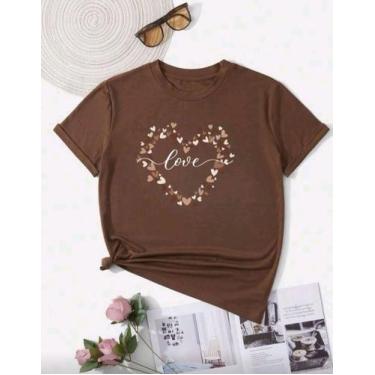 Imagem de Camiseta Feminina T-shirt Estampa Love Coração - Madamê Lô, Marrom, GG