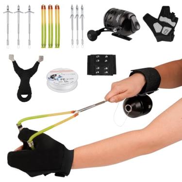 Imagem de Conjunto de estilingue de pesca com carretel e flechas de peixe, caça ajustável para exercícios de mira ao ar livre e pesca, kit de pesca de arco de pesca de arco de pesca de aço inoxidável (preto)