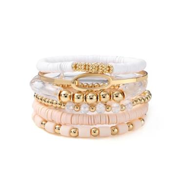 Imagem de GOOJIDS Pulseira simples com contas banhadas a ouro grosso tubo de bambu curvado empilhável contas coloridas de acrílico transparente conjunto de pulseiras banhadas a ouro para mulheres, 6.6 inches