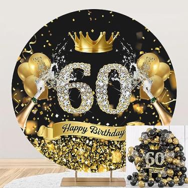 Imagem de DORCEV Capa de fundo redonda para festa de aniversário de 60 anos, 2,2 x 2,2 m, dourado, feliz aniversário de 60 anos, para homens, decoração de festa de aniversário, preto, dourado, coroa, diamante
