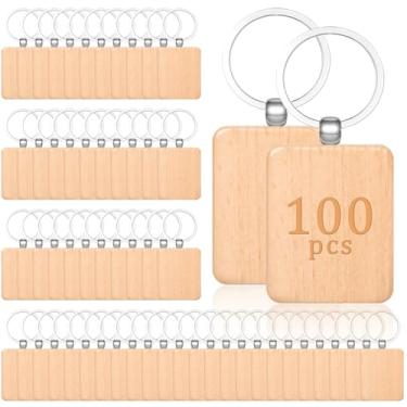 Imagem de MAQUITA 100 peças de chaveiro de madeira em branco, chaveiros de madeira, gravação a laser, retângulo, espaços em branco, chaveiro de madeira inacabada, para artesanato de presente DIY
