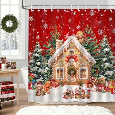 Imagem de Mocsicka Cortina de chuveiro para casa de pão de gengibre de Natal vermelha linda cortina de chuveiro de banheiro de gengibre de inverno Natal impermeável cortinas de chuveiro decoração de banheira