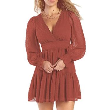 Imagem de Vestido feminino 2024 de chiffon com manga comprida e gola V e bolinhas suíças com acabamento em renda, cintura império, babados e folhos, rosa, P