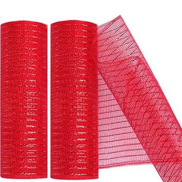 Imagem de MIKIMIQI Pacote com 2 unidades de fita decorativa de malha de 25,4 cm x 7,6 m com fita de malha decorativa de folha metálica para grinaldas de primavera, artesanato, decoração de festa (vermelho)