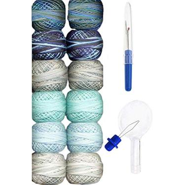 Imagem de Valdani Linha de bordado, algodão Perle tamanho 8, coleção de água de 5 cm tingida à mão (PC8-TwoWater) com estripador de costura e enfiador de agulha
