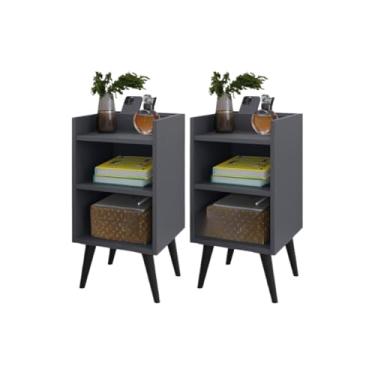 Imagem de Kit 2 Criados-Mudos Compactos com Porta-Celular e Pés Retrô – Mesa Lateral Moderna 57x30x26cm(KIT MAX CINZA)