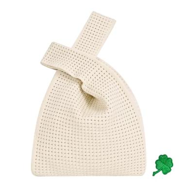 Imagem de Bolsa de pulso pequena de malha de crochê, bolsa de mão portátil com alça de nó linda bolsa de pulso para mulheres, Bege-oco