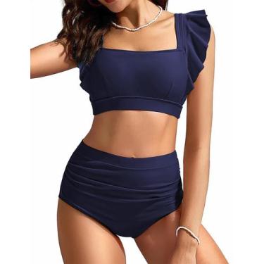 Imagem de Conjunto de biquíni feminino Kate Kasin com babado de cintura alta azu