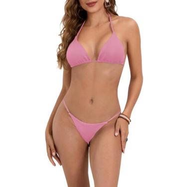 Imagem de Conjunto de biquíni MakeMechic Solid Halter Triangle High Cut Pink