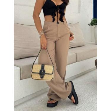 Imagem de A-Lows A&L calca pantalona alfaiataria Sem Faixa Liso Com Anel, Marrom