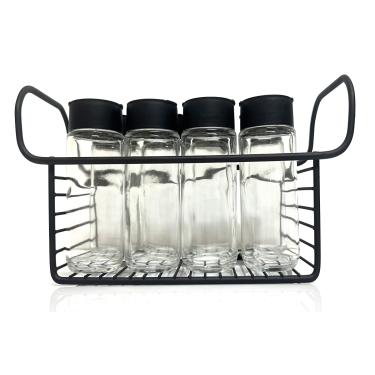 Imagem de Porta Tempero Condimento 8 Potes Vidro Tampa Dosadora Suporte Preto Organização Cozinha