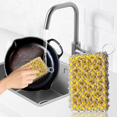 Imagem de Esfregão de ferro fundido para frigideira de malha de metal fundido frigideira, wok, frigideiras (amarelo)