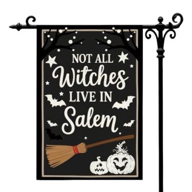 Imagem de Not All Witches Live In Salem Vassoura Bandeira de jardim de Halloween para exterior de jardim de Halloween Bandeiras duráveis Bandeiras decorativas de quintal assustador de dupla face para decoração