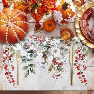 Imagem de Jogo americano verde folhas de Natal para mesa de jantar, bagas, xarope de frutas, tapete de mesa de inverno, férias, casa, festa, cozinha, mesa, conjunto com 2