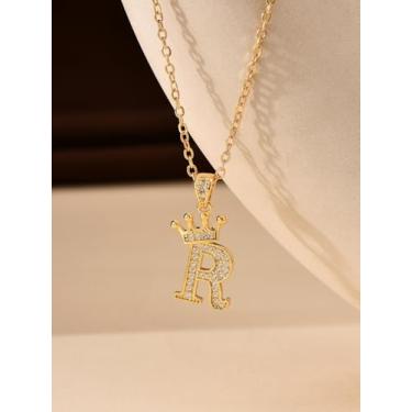 Imagem de 1 colar de coroa de diamante banhado a prata com letra A-Z para mulheres, joia fina, presente para mamãe, 40+6cm, Cobre, Sem Pedra Preciosa