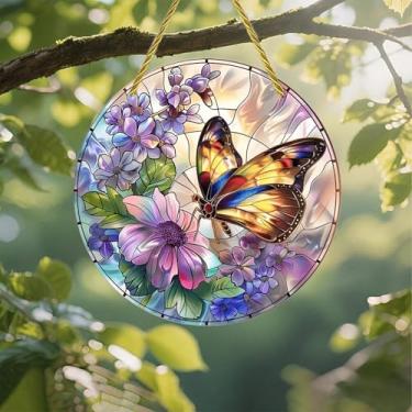 Imagem de Acrílico colorido Suncatcher, borboleta em meio a flores, janela suspensa de 18 cm, decoração de arte de parede com design de vitral impresso, ideia de presente e ornamento de jardim, uso interno e