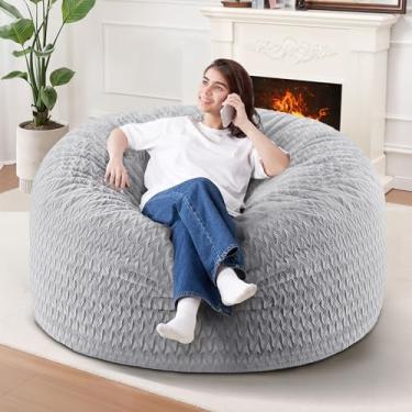 Imagem de Cadeira de pufe de 1,5 m, cadeiras gigantes para adultos, sacos de feijão grandes com enchimento de espuma de memória, poltronas grandes com capa de pelúcia Chevron - cinza claro