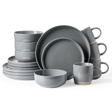 Imagem de Famiware Conjunto de louça Milkyway com canecas, serviço para 4 (16 peças), conjuntos de pratos e tigelas de grés canelados, resistente a lascas e arranhões, seguro para micro-ondas e lava-louças
