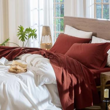 Imagem de MooMee Jogo de cama 100% algodão lavado, linho, texturizado, respirável, durável, macio e confortável (vermelho tijolo sólido queimado, Queen)