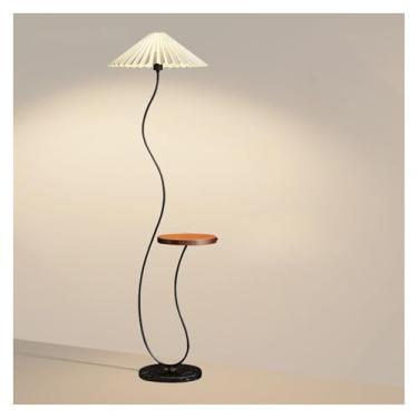 Imagem de Luminária de chão Luminária de chão moderna meados do século com arco dourado e prateleira abajur tecido plissado base mármore(Preto)