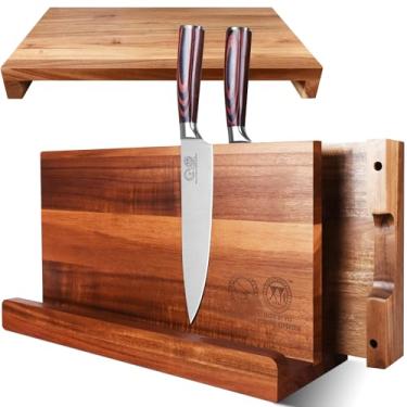 Imagem de XYJ Conjunto de 3 peças de madeira de acácia autêntico desde 1986, bloco magnético de facas com 2 tábuas de corte reversíveis, organizador de bancada de madeira natural, itens essenciais de