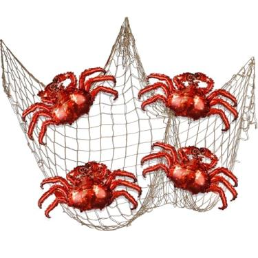 Imagem de Silipull Conjunto decorativo de rede de pesca com 5 peças de balões de animais marinhos de caranguejo, lagosta, peixe, decorações de festa temáticas náuticas para decorações de festa de aniversário de