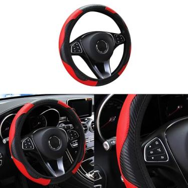 Imagem de Couslcd Capa de volante de carro, protetor de volante elástico de couro sintético de microfibra de fibra de carbono de 38 cm para homens e mulheres, antiderrapante, respirável, acessórios interiores