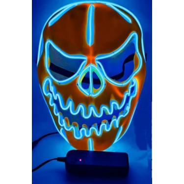 Imagem de SHANJIA Máscara de Halloween, máscara iluminada, crânio assustador com iluminação LED para festival de Halloween, cosplay, baile de máscaras, festa de carnaval (azul gelo)