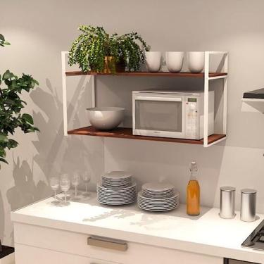 Imagem de Prateleira Industrial Parede ou Suspensa Branca Aço e Madeira 50x40x80