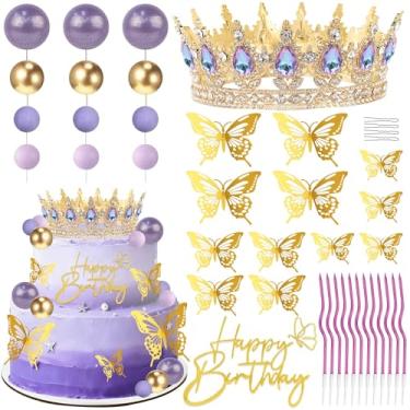 Imagem de Topo de bolo de coroa de aniversário, decorações de bolo com topo de bolo de feliz aniversário, bolas, borboletas douradas, Corona para pastel para mulheres, princesa, decoração de festa de casamento