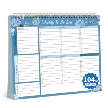 Imagem de Bloco de notas semanal, 52 folhas sem data, 100 g/m2 (21 x 28 cm), agenda semanal de mesa para trabalho, casa, escola, escritório, acessórios, suprimentos e tarefas de definição de metas - Hortênsia