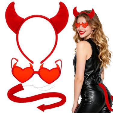 Imagem de Acessórios de fantasia de diabo feminino masculino - faixa de cabeça chifres de diabo vermelho, óculos de sol com coração de cauda - chifres de demônio Halloween cosplay fantasia adereços foto