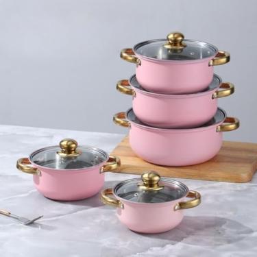 Imagem de Conjunto De Panelas De AçO InoxidáVel Com 6 PeçAs + 1 Frigideira Antiaderente + Conjunto De UtensíLios De Cozinha De AçO InoxidáVel Com 6 PeçAs. FáCil De Limpar, Cabos Resistentes Ao Calor.(Rosa)