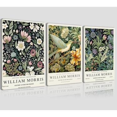 Imagem de Conjunto de arte de parede em tela emoldurada, 3 peças, estilo William Morris, flores e pássaros, impressões de pôsteres vintage galeria pintura em tela impressões de arte botânica para sala de estar