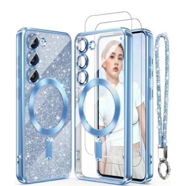 Imagem de DagoRoo Capa magnética para Samsung Galaxy S23 5G + 2 películas protetoras de tela, borda dourada banhada de luxo [cartão de glitter e alça de pulso] Capa fina e macia de TPU TPU à prova de choque