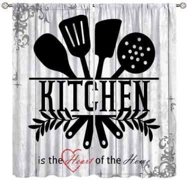 Imagem de Fblifil Cortinas de cozinha rústicas citações engraçadas fazenda tábua de madeira faca e colher campo fazenda bolso tratamento de janela para quarto sala de estar cozinha 106,7 cm L x 160 cm C