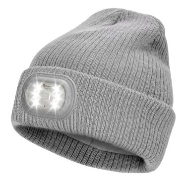 Imagem de IVYWNT Gorro unissex de LED com luz, lanterna de cabeça recarregável por USB, chapéu de malha de inverno, presente de Natal para homens e mulheres, cinza