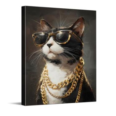 Imagem de CYFDYVT Retrato de gato elegante com óculos de sol e correntes douradas impressão de arte de parede para animais de estimação moderna ilustração em tela 20 x 25 cm