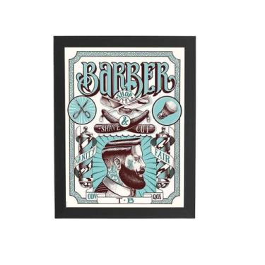 Imagem de Quadro Barbearia Barber Retro Azul Moldura Preta 60X40Cm - Plimshop