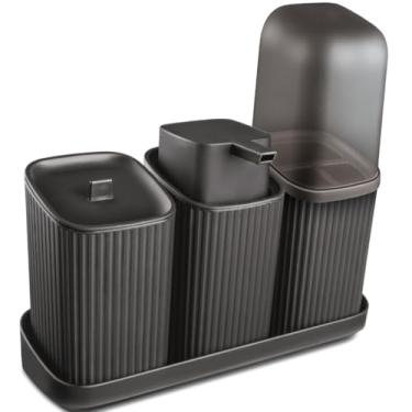 Imagem de Kit 3 Acessórios para Banheiro com Bandeja – Dispenser Sabonete Líquido 400ml, Porta Algodão e Porta Escovas | Organização e Decoração Moderna(Preto)