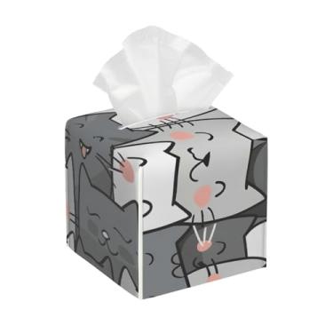 Imagem de Capa quadrada de couro para caixa de lenços de papel, impermeável, gato, fofo, cinza, organizador de papel facial com cinto inferior, estojo de lenços para mesa, banheiro, escritório, mesa, carro