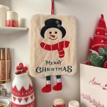 Imagem de Toalha de mão de veludo coral espesso de Natal - 22 x 18 cm com laço para pendurar, toalha macia de secagem rápida para cozinha, banheiro, decoração de casa, branca