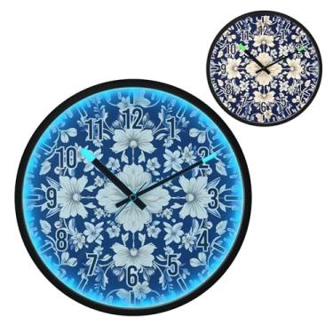 Imagem de Relógio de parede LED que brilha no escuro e ativado por voz, silencioso, padrão azul branco de 30,5 cm, funciona a bateria para decoração de quarto e sala de estar (221)