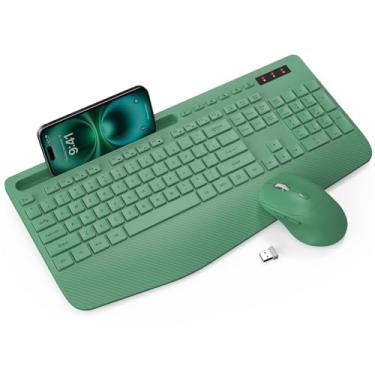 Imagem de Combo de teclado e mouse sem fio – Teclados ergonômicos de tamanho completo com descanso de pulso, suporte de telefone, modo de hibernação, combo sem fio silencioso de 2,4 GHz para computador, laptop