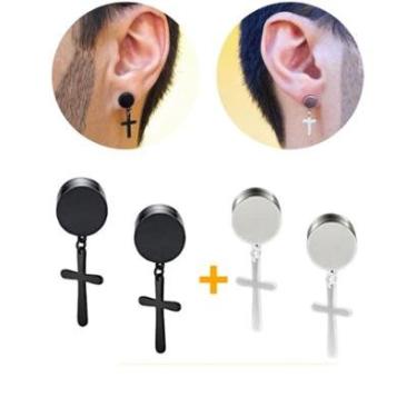 Imagem de Brinco Magnético Pressão Falso Alargador Ímã Preto Prata Pingente Cruz Masculino Aço Inox-Unissex