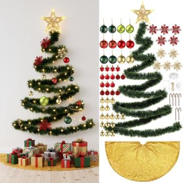 Imagem de HyDren 91 peças de árvore de Natal DIY para pendurar na parede com luzes, inclui guirlanda de Natal de 1,8 m, enfeite de bola, cana-de-doce, purpurina, flores de poinsétia para decoração de casa