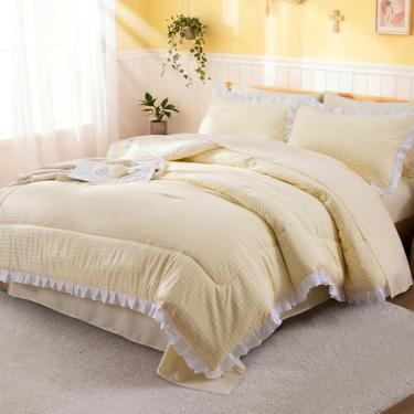 Imagem de A Nice Night Conjunto de edredom casal, 5 peças, leve e rústico, rústico, com babados, xadrez, chique, conjunto de cama com fronhas