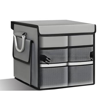 Imagem de Wogomz Organizador de porta-malas de carro com tampa, caixa de armazenamento dobrável de 28L com 2 compartimentos, impermeável, Oxford para veículos, com placa de base e alça de metal, acessórios para