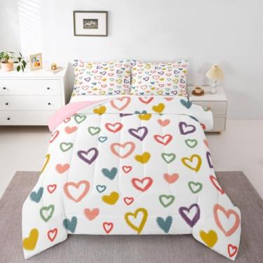 Imagem de Erosebridal Jogo de cama casal Love | Lindo conjunto de edredom com estampa de coração para meninas e meninas, edredom geométrico, 3 peças com 2 fronhas